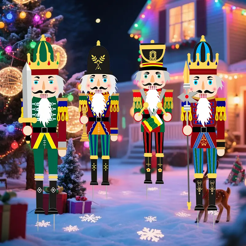 2026 Christmas decorations Nutcracker Garden Set 4-Piece Nutcracker Outdoor Decor With Stand 52 Inches Garden New Year Decor Ideal For Outdoor Holiday Decorations Suitable For Lawn And Party Supplies Garden Decor Perfect Christmas Gift For Family