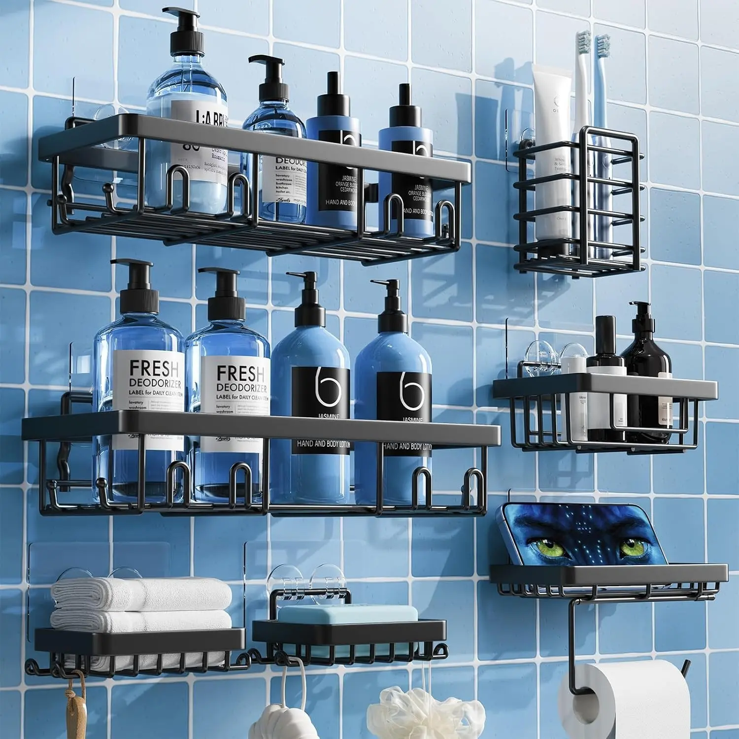 7-Piece Shower Organizer Set, Adhesive No-Drill Rustproof Stainless Steel Bathroom Shelves, Waterproof Wall-Mounted Storage Rack with Strong Installation, Large Capacity for Toothbrush & Soap (Black), Seven Pieces