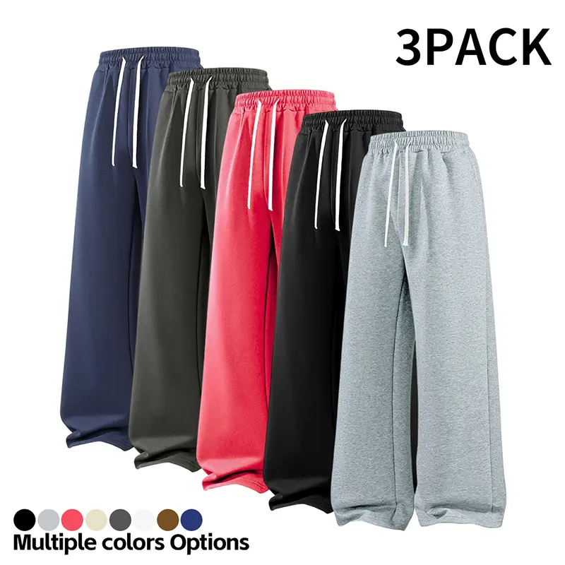 Men’s athletic pants—solid-color, thick knit wide-leg long pants with a drawstring; casual, comfortable straight-cut loose fit for autumn and winter; men’s everyday bottoms with a relaxed cut, athletic pants.