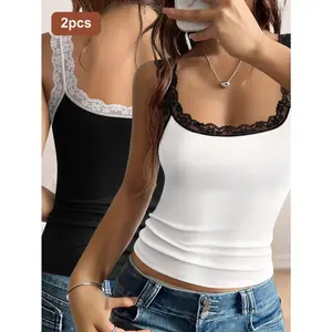 QUASTI Single Pack Lace Trim Cami Tank Women's Top, Ribbed Knit Sleeveless Scoop Neck Camisole, Basic Casual Soft Sleeveless Street Style Summer Outfit, Slim Fit Polyester Basic Layering Tank, S-XL