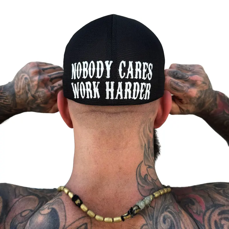 TheDriveClothing Nobody Cares Back Style Flexfit Hat – Black Y2K Streetwear Trucker Cap, White Graphic Biker Hat, Mesh Back Curved Bill Snapback, Skater Gym Festival Urban Fashion