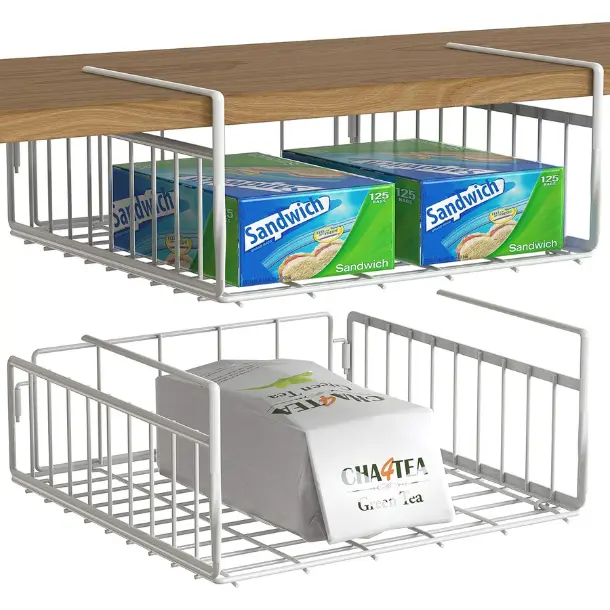 [Limited time deal] 2 Pack White Under Shelf Wire Basket Hanging Storage Baskets, Under Cabinet Storage Racks, Organizer for Kitchen Pantry Desk