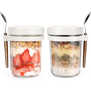 2 Pack 16 oz White Overnight Oats Jars with Spoon Airtight Lid Measurement Marks for Cereal On The Go