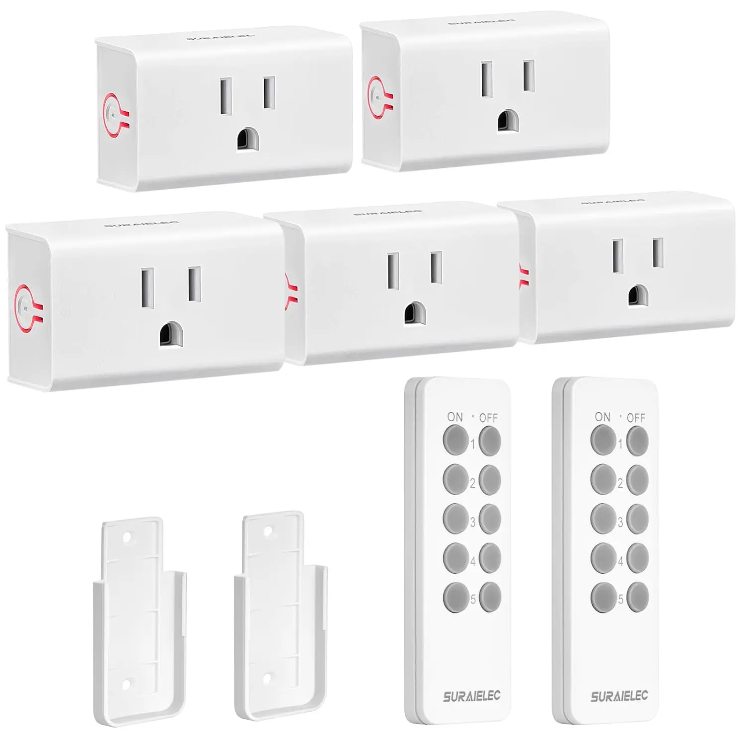 Suraielec |Remote Control Outlet, Wireless Light Switch, 5 Plugs + 2 Remotes | 15 AMP, 100 ft RF Range, No Interference, Remote Light Switch Kit for Lamp, Fan, Christmas Tree Lights & Household Appliances