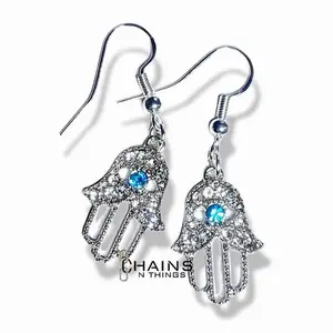 Hamsa Hand earrings Silver 925 with rhinestones and a blue crystal protection spiritual dangling