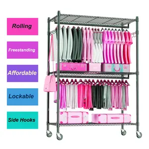 Freestanding Garment Rack on Wheels, Heavy Duty Metal Clothing Rack with 2 Hanging Rods and 3 Shelves, Rolling Clothes Organizer for Small Spaces, Portable Wardrobe Closet System, Carbon Steel Frame, Holds 450lbs, 35.4" W x 17.7" D x 73.2" H, Black