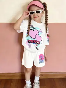 Summer Fashion Girls' Clothing Set, Heart 3D Printed Short Sleeve T-Shirt + Leopard Shorts, Casual Streetwear 2-Piece Set