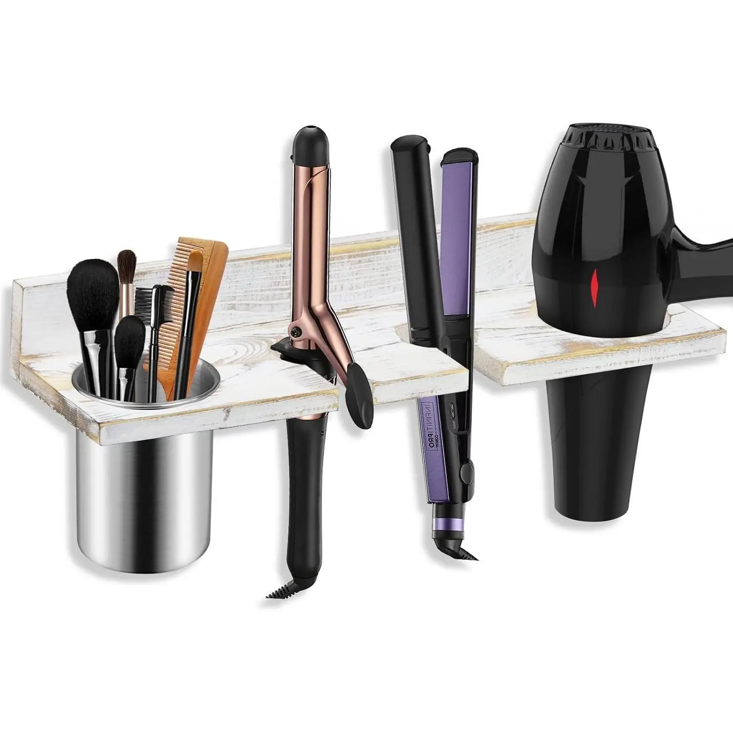 Wall-Mounted Hair Tool Organizer for Dressing Room, Durable Pine Wood Construction, Removable Stainless Steel Cup, Holds Dryers, Straighteners, Curling Irons, Brushes & More, White, Separates Care Tools for Easy Access