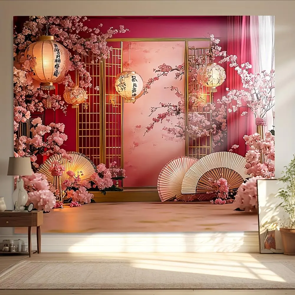 1PC 2D Flat Chinese-Style Ancient Festive Red Cherry Blossom Lantern Backdrop - Polyester Fits Party Decoration Supplies, Happy Birthday Banner, Photo Studio Prop Cloth, Home Decor Hanging Cloth