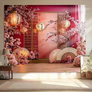 1PC,2D Flat Chinese Style Ancient Style Festive Red Cherry Blossom Lantern Backdrop, Photo Studio Props Cloth, Bedroom Living Room Decorative Hanging Cloth, Internet Celebrity Live Streaming Backgroun
