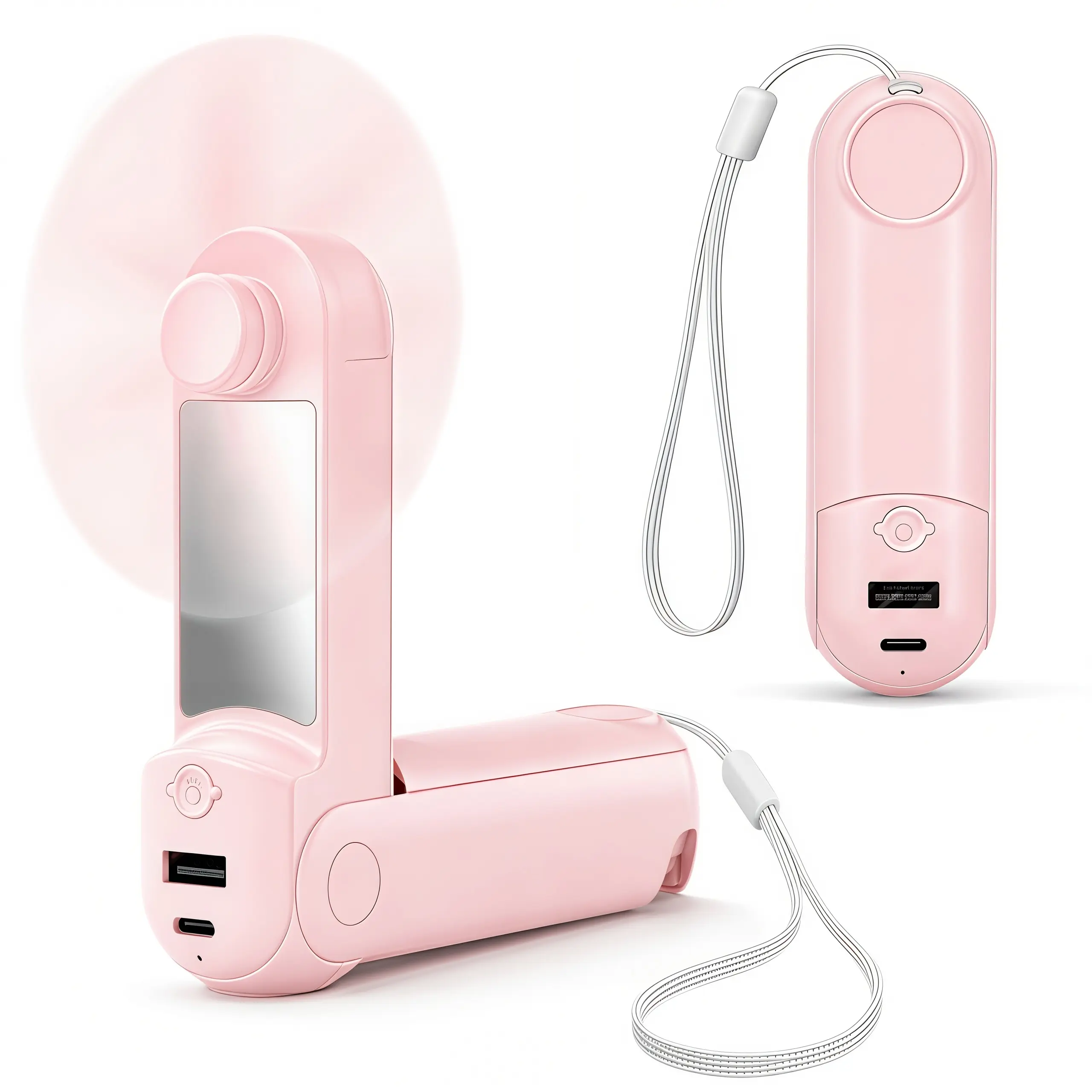 LMMAKE 1PC 5-IN-1 Compact Phone Cooling Fan - USB Rechargeable Foldable Handheld Fan with Portable Charger, Flashlight, Makeup Mirror, 3 Speed Levels for Travel, Outdoor Use