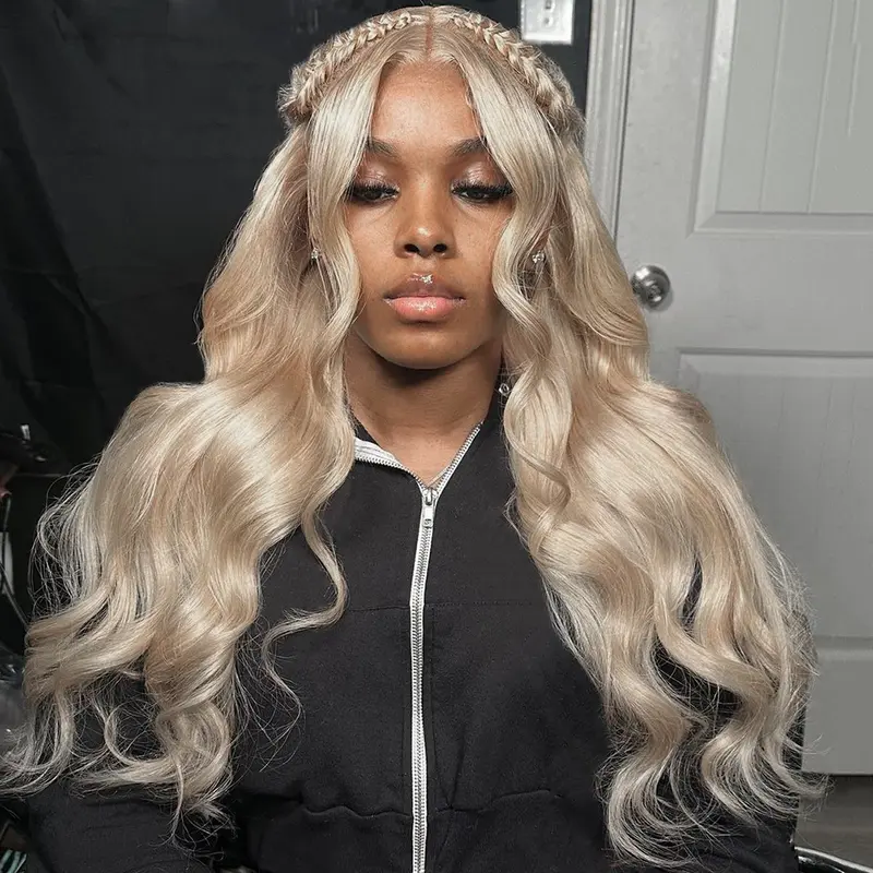 Ash Blonde Milk Tea Human Hair 13x6 Transparent Lace Frontal Wig Body Wave 200% Density Toned Ash Blonde Glueless Human Hair Wigs Natural Hairline for Woman