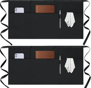 2 Pack Server Apron - Waist Half Aprons for Waitress with 3 Pockets, Black Short Serving Gxrnydb