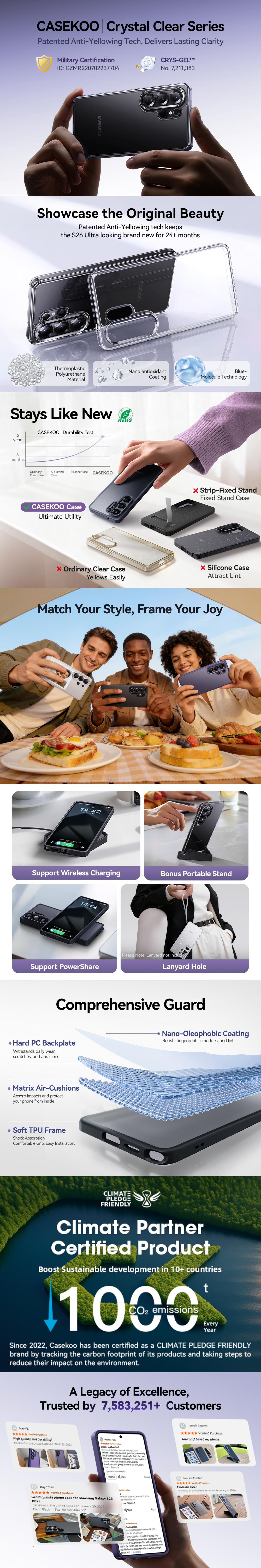 CASEKOO Ice Clear & Matte Black Case for Samsung Galaxy S26Ultra Case [16FT Military Drop Protection] [Anti Stain Tech] Slim Transparent Shockproof Protective S25 Ultra Case 6.9'', Clear