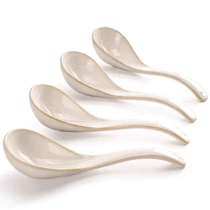 Artena 4-Piece White Porcelain Soup Spoons Dinnerware Set - 7.35 in Ergonomic Deep Curved Bowl, Oval Hook, Anti-Roll, Dishwasher Safe, Retro Tableware for Asian Ramen, Thanksgiving Family Dinners