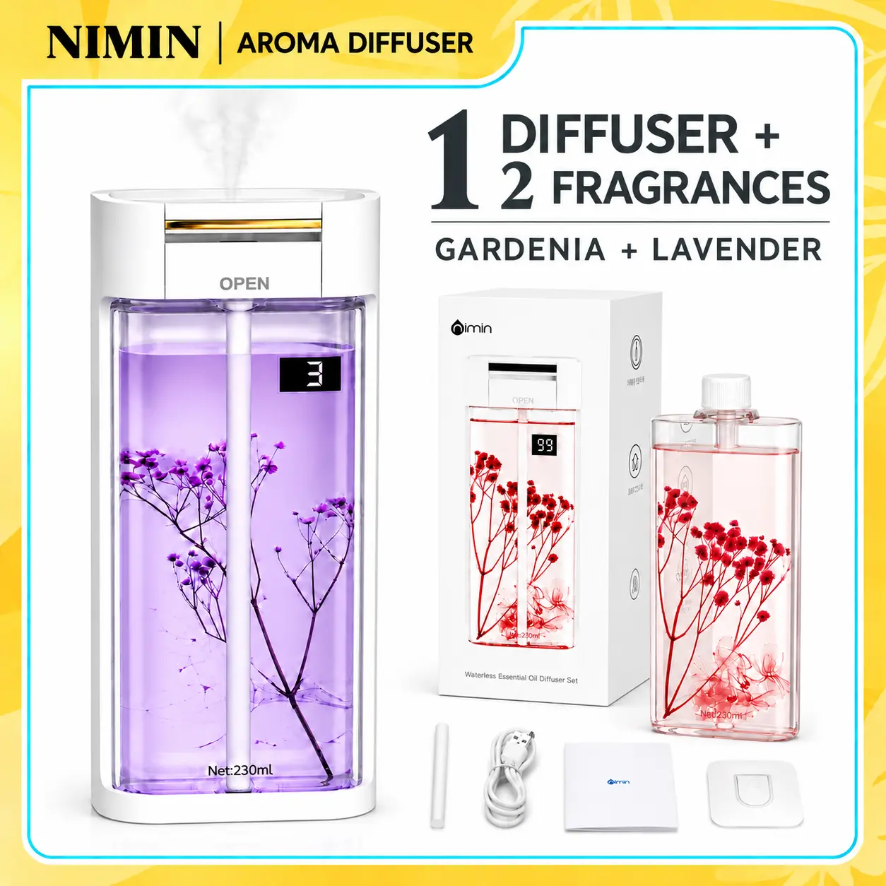 NIMIN Aroma Diffuser Set, Rechargeable Scent Air Machine with 2 Fragrances, Gardenia & Lavender, for Home, Bedroom and Office