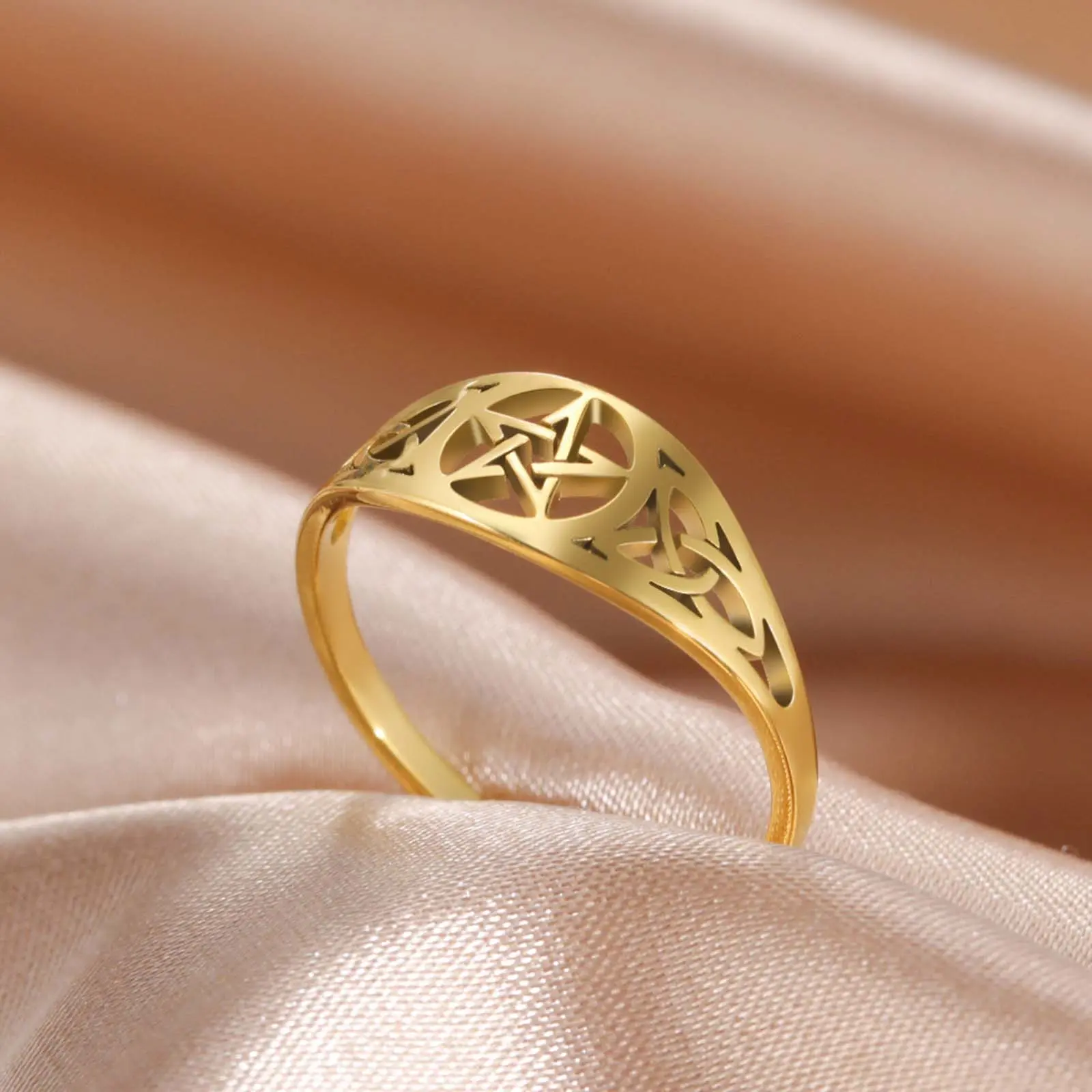 Unisex Stainless Steel Pentagram Witch Knot Artificial Gemstone Ring - Metal Coating, Number 9 Darcy Design, Adult Casual Jewelry, Birthday Gift