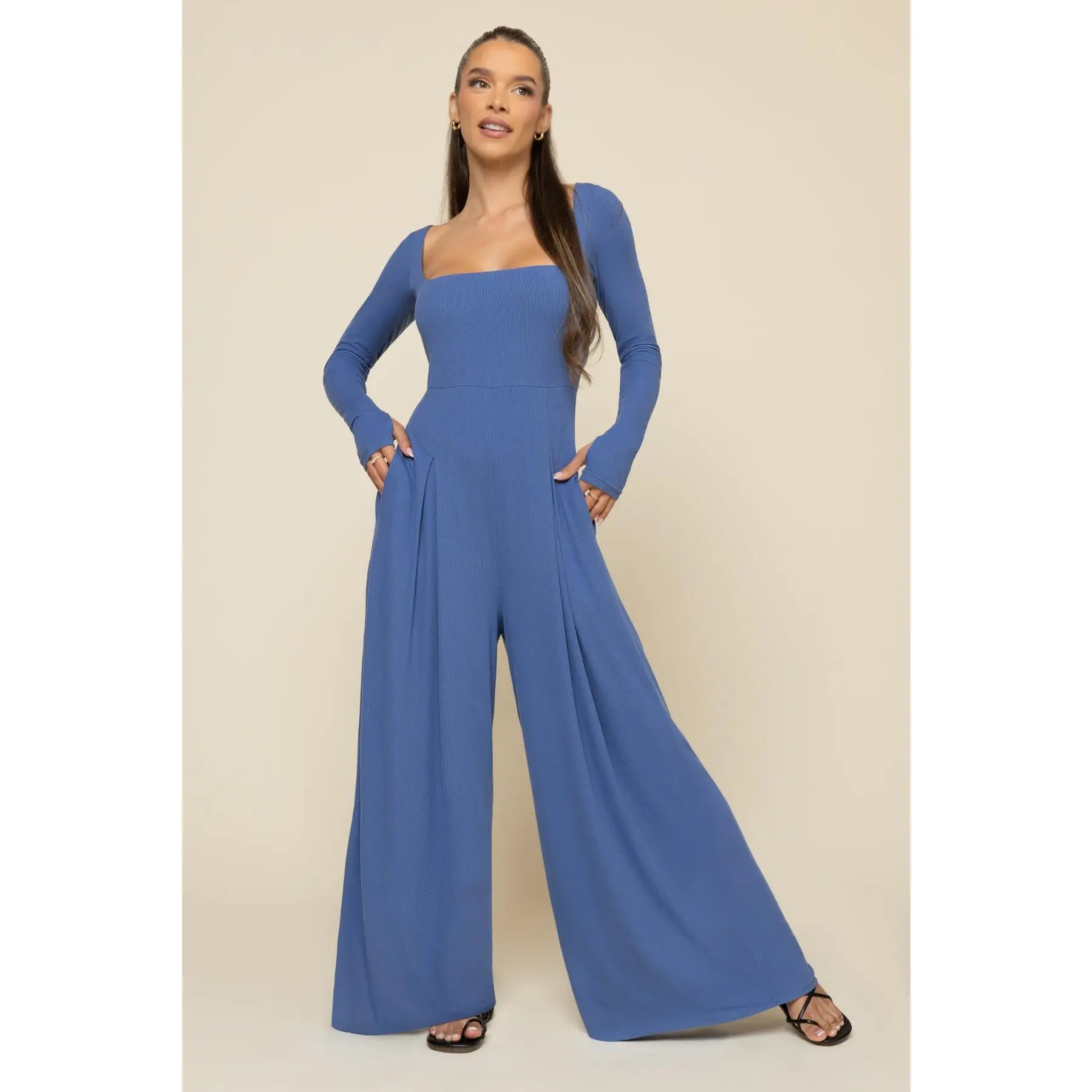 Go With The Flow Long Sleeve Jumpsuit - Blue Horizon