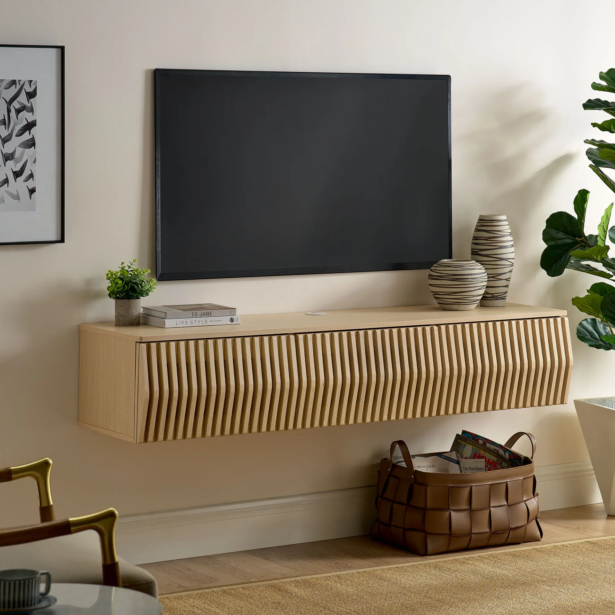 Vaughn 64-in Wall Mount Floating TV Stand, Indoor Furniture for Living Room, Ash Finish TV Console, Tv Console Table