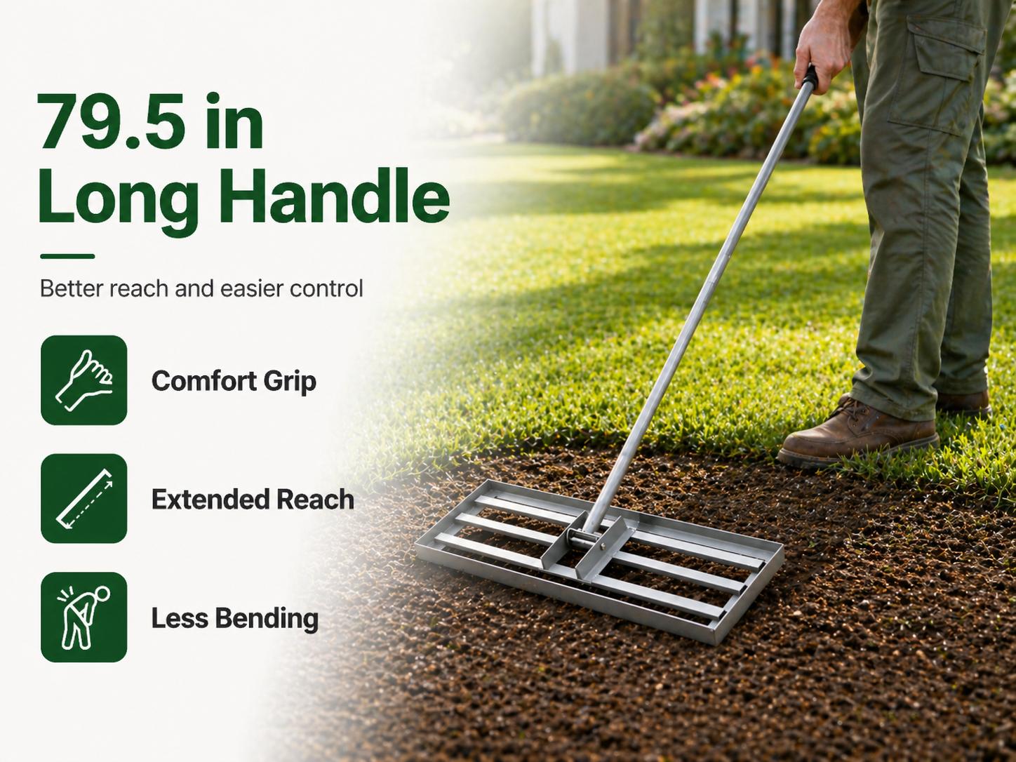 Lawn Leveling Rake 29.3 x 9.4 Inch Soil Leveling Rake with 79.5 Inch Detachable Long Handle, Metal Lawn Leveling Tool for Yard, Garden, Farm, Sand, Dirt, Compost, Topdressing
