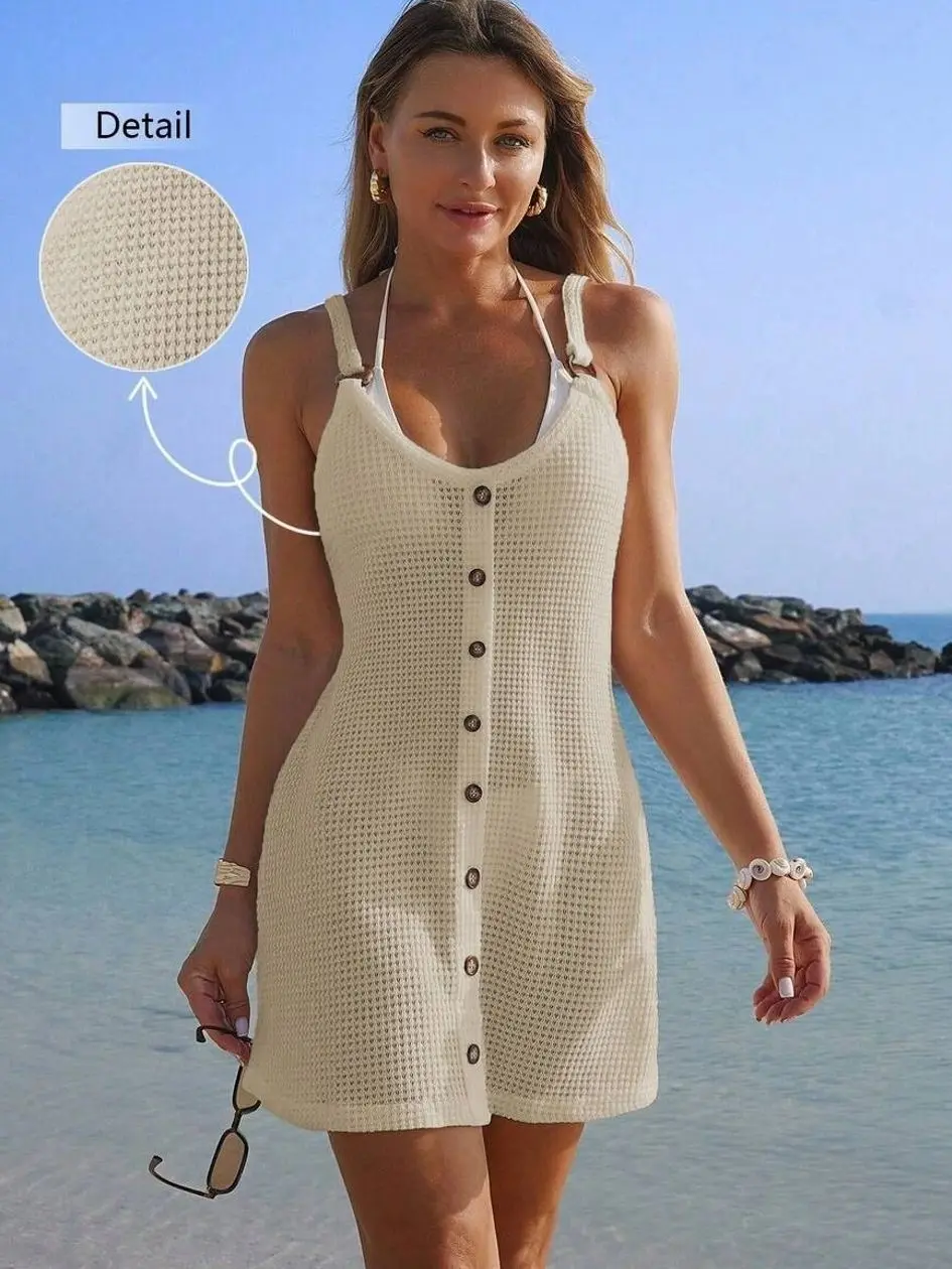 Swim Lushoire Women's Crochet Knit Beach Cover-Up Dress | Button-Front Ring Detail O-Axiom Strap Mini Sundress | Textured Cream Beige Swimsuit Slit Tunic