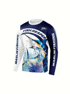 Men's Long Sleeve Marlin Fishing T-Shirt, Fish Reaper Sailfish Print Professional Fishing Wear, Casual Loose-Fit All-Season Top