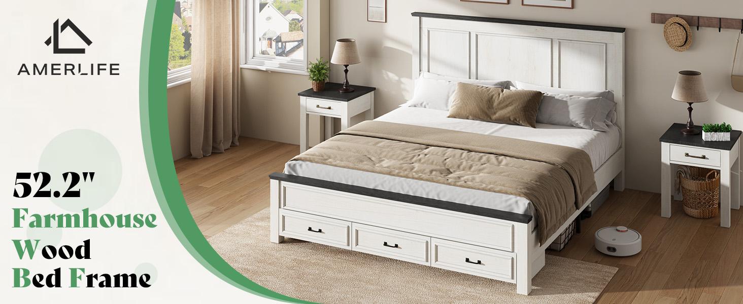 [Spring Sale] AMERLIFE Farmhouse Bed Frame with 52.2" Tall -Panel Headboard & Footboard, Wood Platform Bed Frame with 3 Large Storage Drawers, No Box Spring Needed, Unique Bedroom Furniture