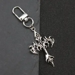 One Piece Flame Cross Keychain Ancient Silver Cross Bag Keychain