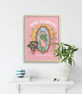 Pink Girly Dorm Room Decor, Retro Hello Gorgeous Quote Posters for Girls Vanity, Y2k Frog Wall Art, Positivity Prints for Bedroom, Bathroom SHJY-00059