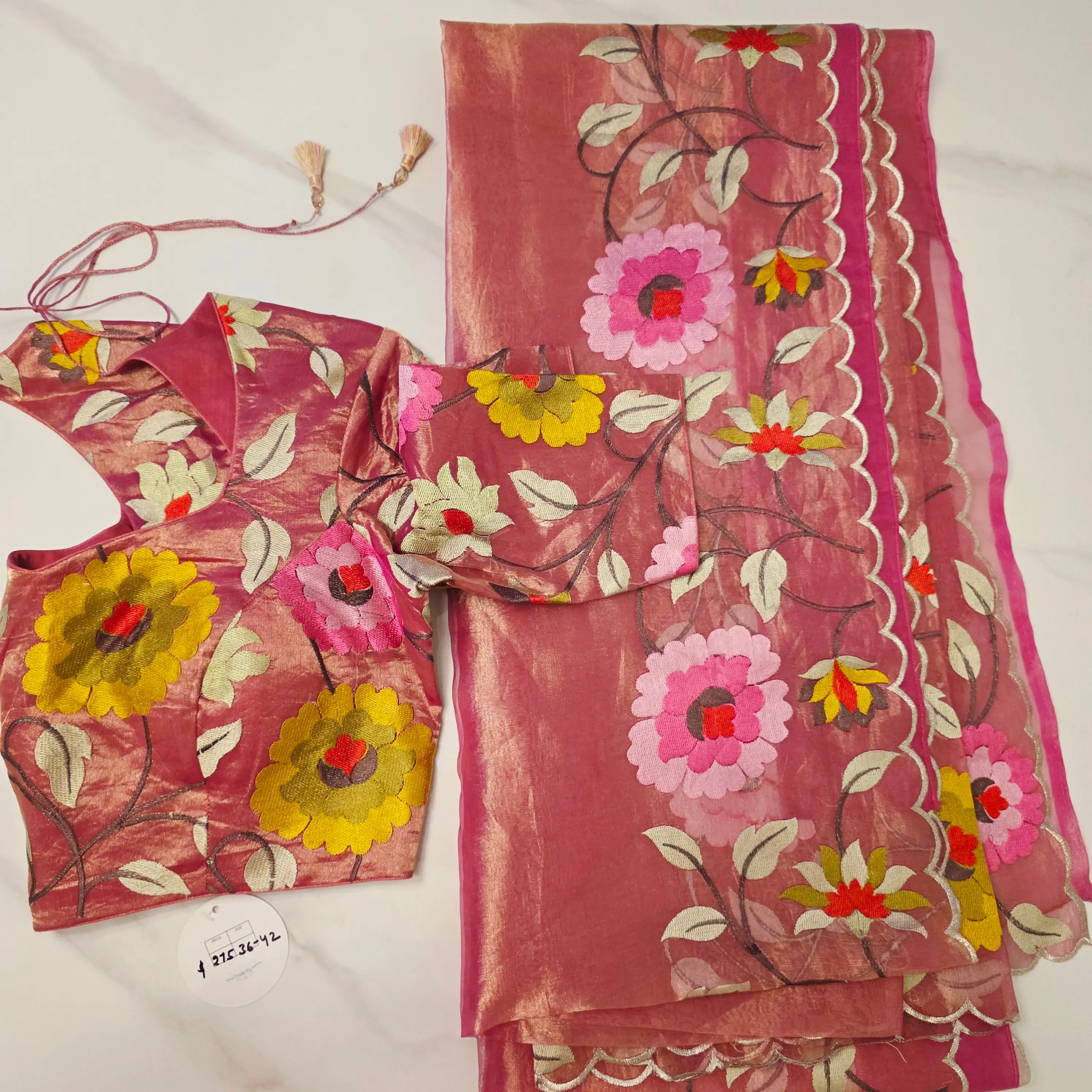Reyavogue Women's Pink Banaras Tissue Saree With Floral Embroidery