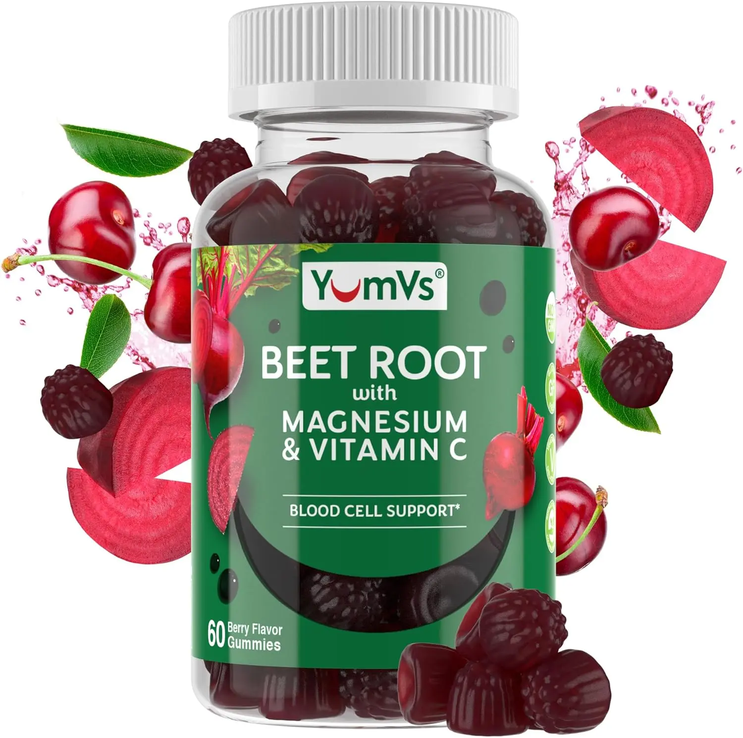 YumVs Beet Root Gummies with Magnesium and Vitamin C - Berry Flavor Beetroot Gummies - Beet Chews for Blood Circulation and Antioxidant Support - Red Beet Gummies - Berry 60 Count (Pack of 1)