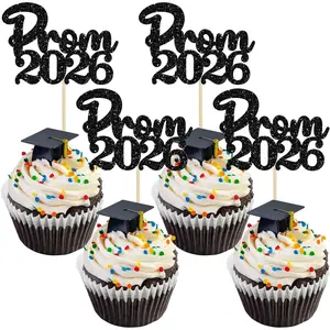 24Pcs Prom Cupcake Toppers Glitter Prom 2026 Graduation Cupcake Picks Class of 2026 Cake Decoration for 2026 Graduation College Party Decorations Black