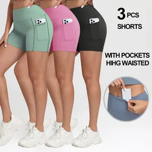 3 Packs Women’s high-waisted pocket athletic shorts for back-to-school, solid-color cycling shorts with multiple pockets, highly elastic tight-fit shorts for fitness and workouts, fitness apparel