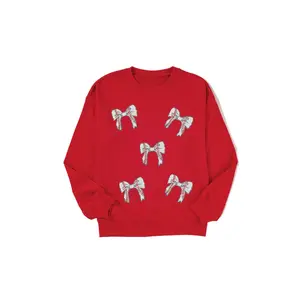 Plus Size Red Sequined Baseball Bow Graphic Sweatshirt for Casual Fall Style