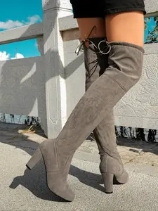 Women's Over-The-Knee High Heel Boots, Fall Winter Large Size Chunky Sole, Fashionable Slip-On Design, Pointed Toe Velvet Fabric, Footwear
