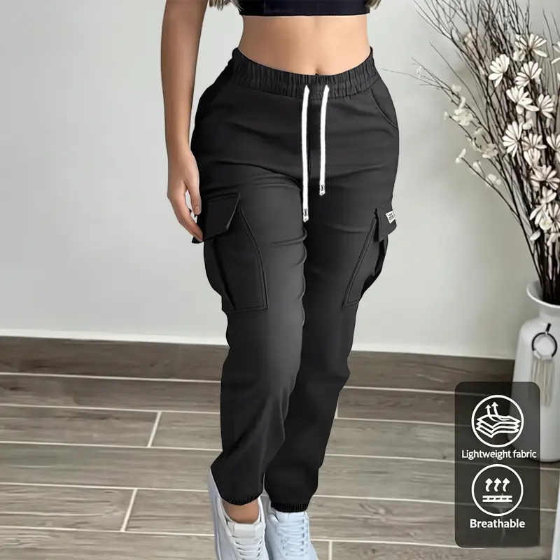 Women’s lightweight, breathable, stylish solid-color cargo pants with multiple pockets, elastic waistband with drawstring, and cuffed ankles—suitable for all seasons, outdoor sports, everyday wear, work, and dates.