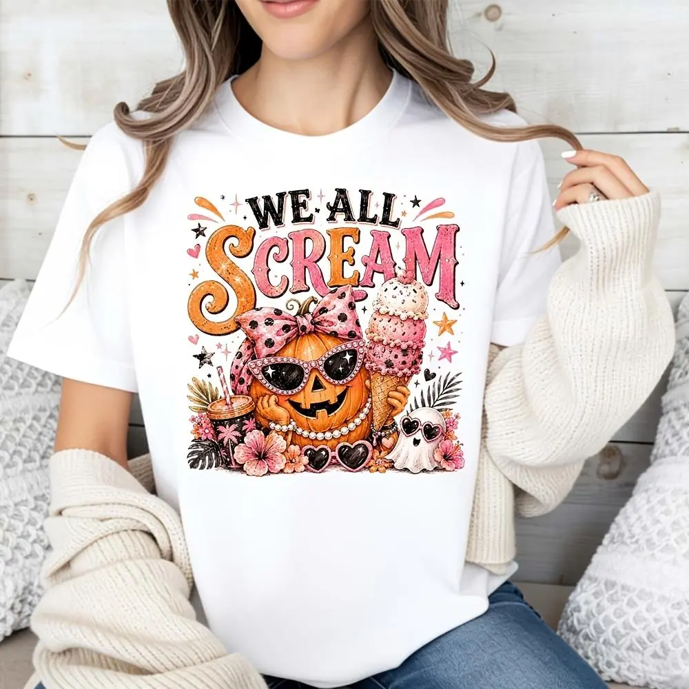 Cute Graphic, Women's T-Shirt, We All Scream Pumpkin Ice Cream Halloween Design, Fall Season, Gift For Girls Friends Family