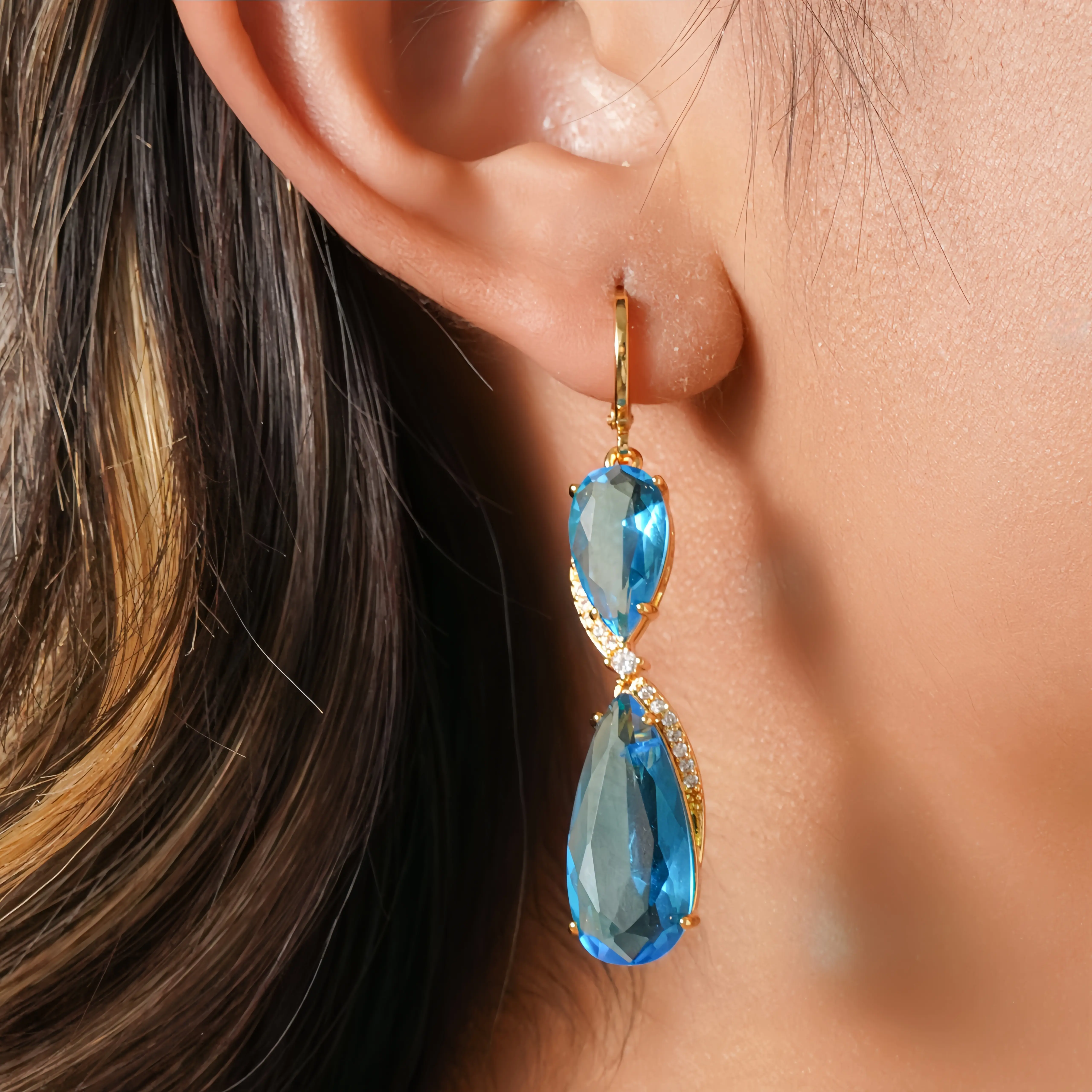18K Gold Plated, Big Sea Blue Topaz Waterdrop Teardrop Swirl Symmetrical Dangle Drop Earrings for Women, Hypoallergenic Cubic Zirconia Earrings, Lightweight, Party, gold earrings, Jewelry for Gifts, Fashion