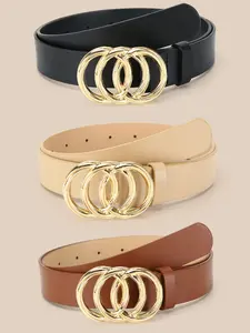 Golden Triple Ring Buckle Belts Casual Dress Belt Simple Solid Color PU Leather Belt Jeans Pants Belt Dress Coat Girdle For Women Belt