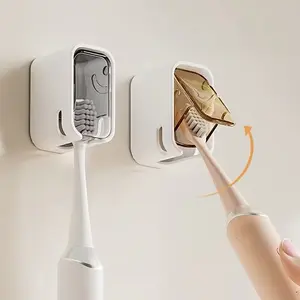 2pcs Wall-Mounted Toothbrush Holder, No-Drill Bathroom Toothbrush Storage Rack with Cover, Space-Saving Toothbrush Organizer, Dustproof Toothbrush Holders