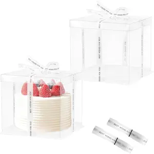 2 Pcs Clear Cake Box with Ribbon, 8.5x8.5x9 Inch Clear Cake Boxes for 6 Inch 2 Tier Cakes Carrier Tall Transparent Cakes Packaging Box Transparent Gift Boxes for Valentine's Day Wedding Birthday Party