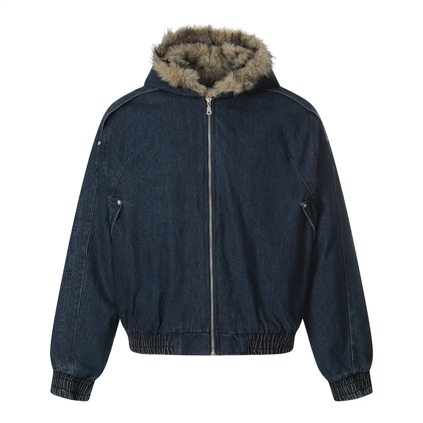Inflation Denim Cropped Bomber Jacket Faux Fur Trim Hood Oversized Washed Snap Button Streetwear Winter Outerwear Layering 2026 Winter