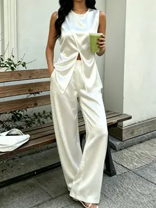 Women's 2 Piece Satin Outfit Set, Sleeveless Wrap Front Top High Waist Wide Leg Pants, Elegant Work Office Suit for Women