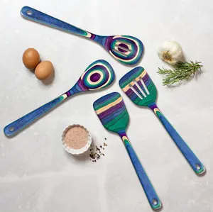 Baltique Mumbai Collection 4-Piece Cooking Utensil Set - Vibrant Blue Purple Green Birch Wood Spoons & Spatulas for Stirring & Flipping Foods
