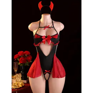 Sexy Little Devil Role-Playing Bodysuit - Black & Red Lace-Up Off-Shoulder Costume with Thigh Slits & Bow Decorations, Adjustable Back Strap & Horned Headpiece - Hand-Wash Only Adult Halloween Outfit for Themed Parties, Cosplay & Role-Play - Comfort