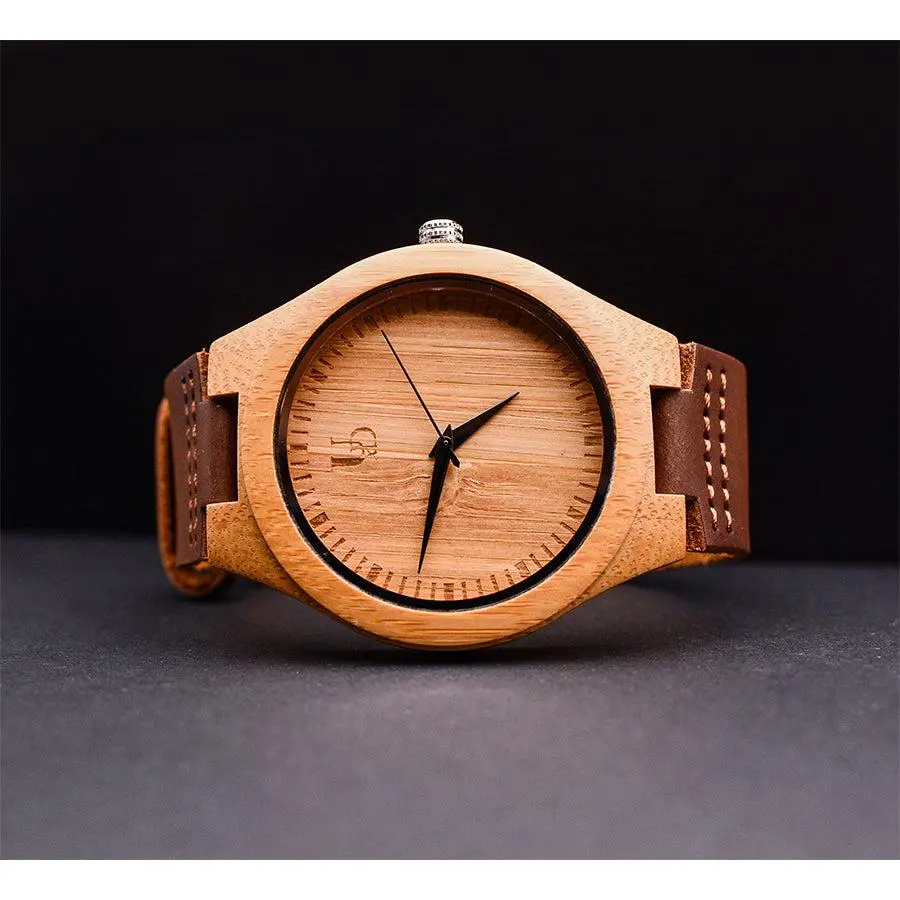 UXD Personalized/Engraved Minimalist Bamboo Wood Face Watch with Premium Leather Strap