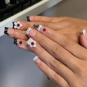 24pcs Square Medium Short Nails, Nude Base + Polka Dot French Tip + 3D Flower + Ladybug Nail Art, French Tips Nails, Reusable, Beginner Friendly