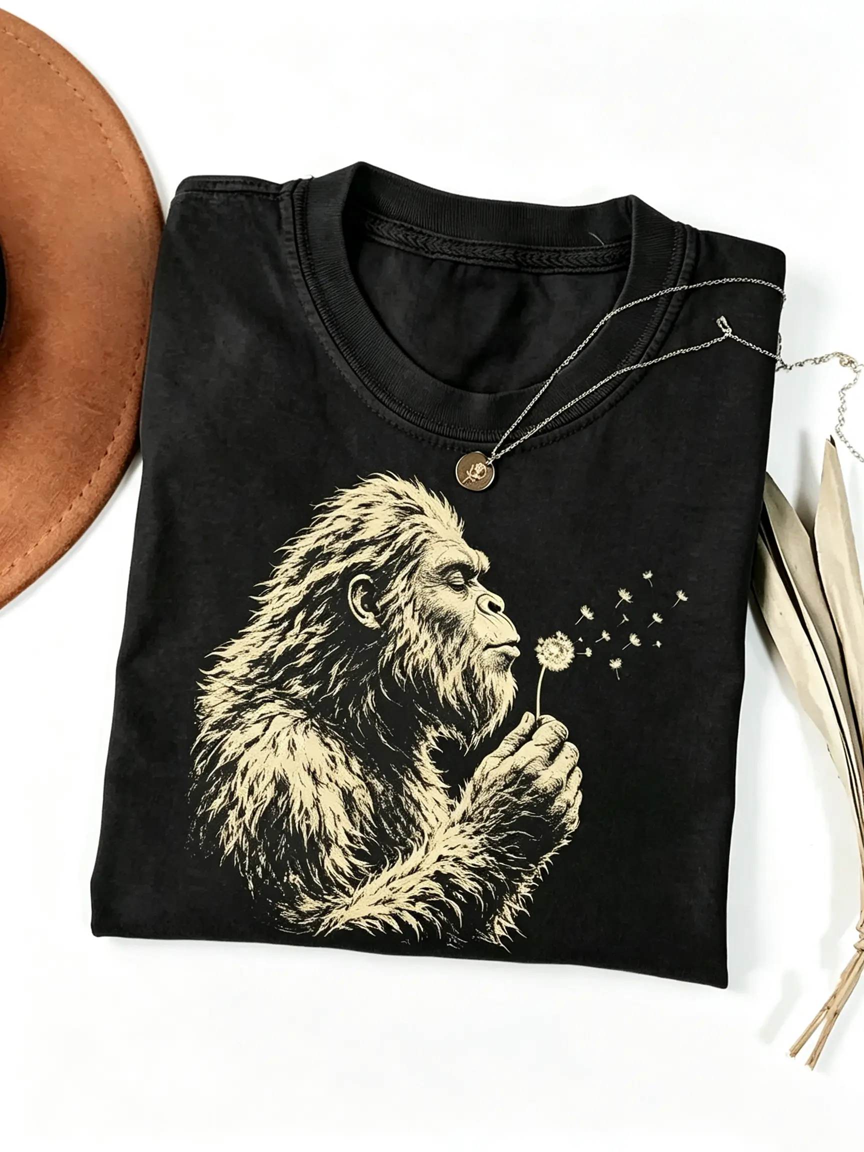 Bigfoot Dandelion Shirt, Vintage Sasquatch Nature Tee, Woodland Cryptid Graphic T-Shirt, Outdoor Adventure Shirt, Bigfoot Lover Gift