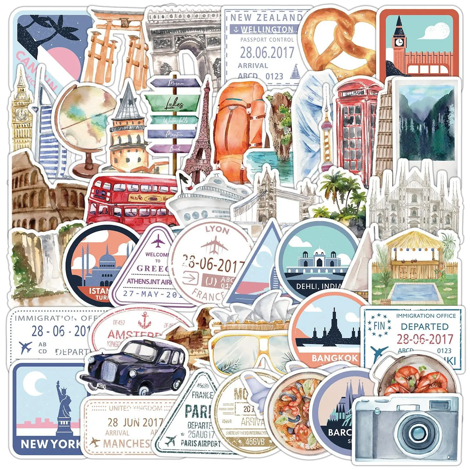 Travel Series Sticker, 50pcs/set Colorful Self Adhesive Decor Paper, Decorative Stickers for Gift Greeting Card Water Bottle Laptop Phone Sticker Packs
