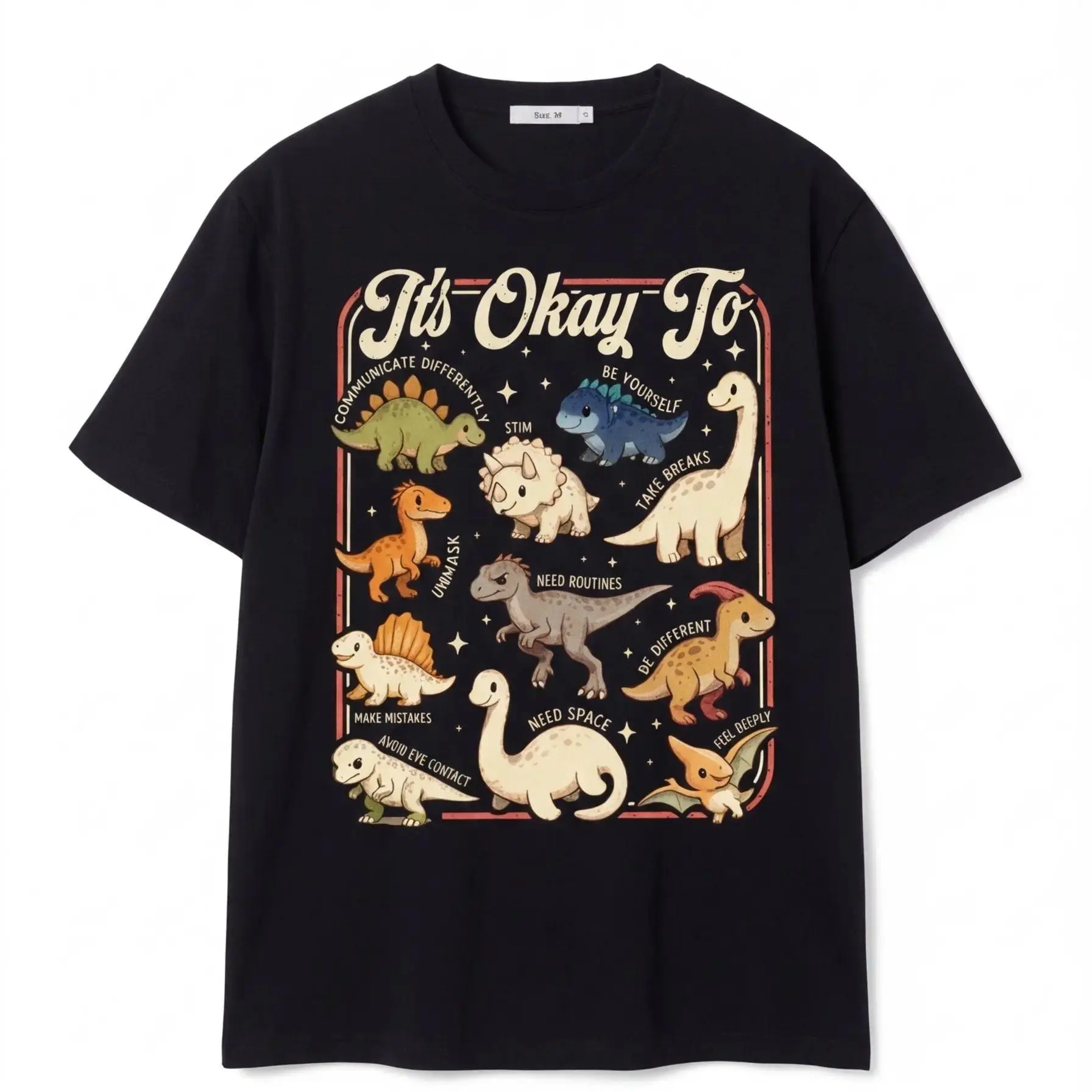 Neurodiversity Dinosaur Graphic Tee Vintage Retro It's Okay To Acceptance Slogan Print Crew Neck Top Soft Loose Fit Daily Wear Awareness Casual Outfit